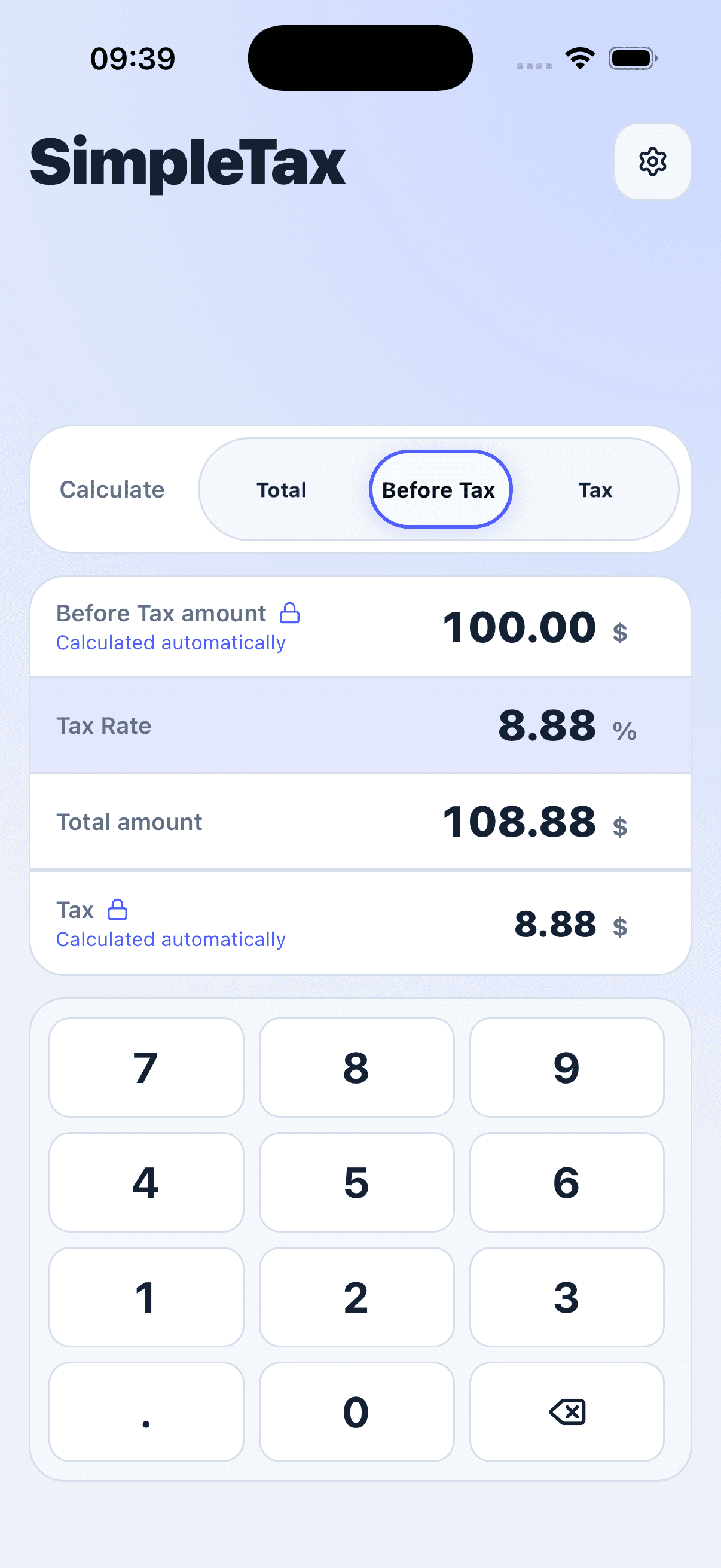 SimpleTax in Before Tax mode showing Tax Rate, Total, and the calculated Before Tax amount