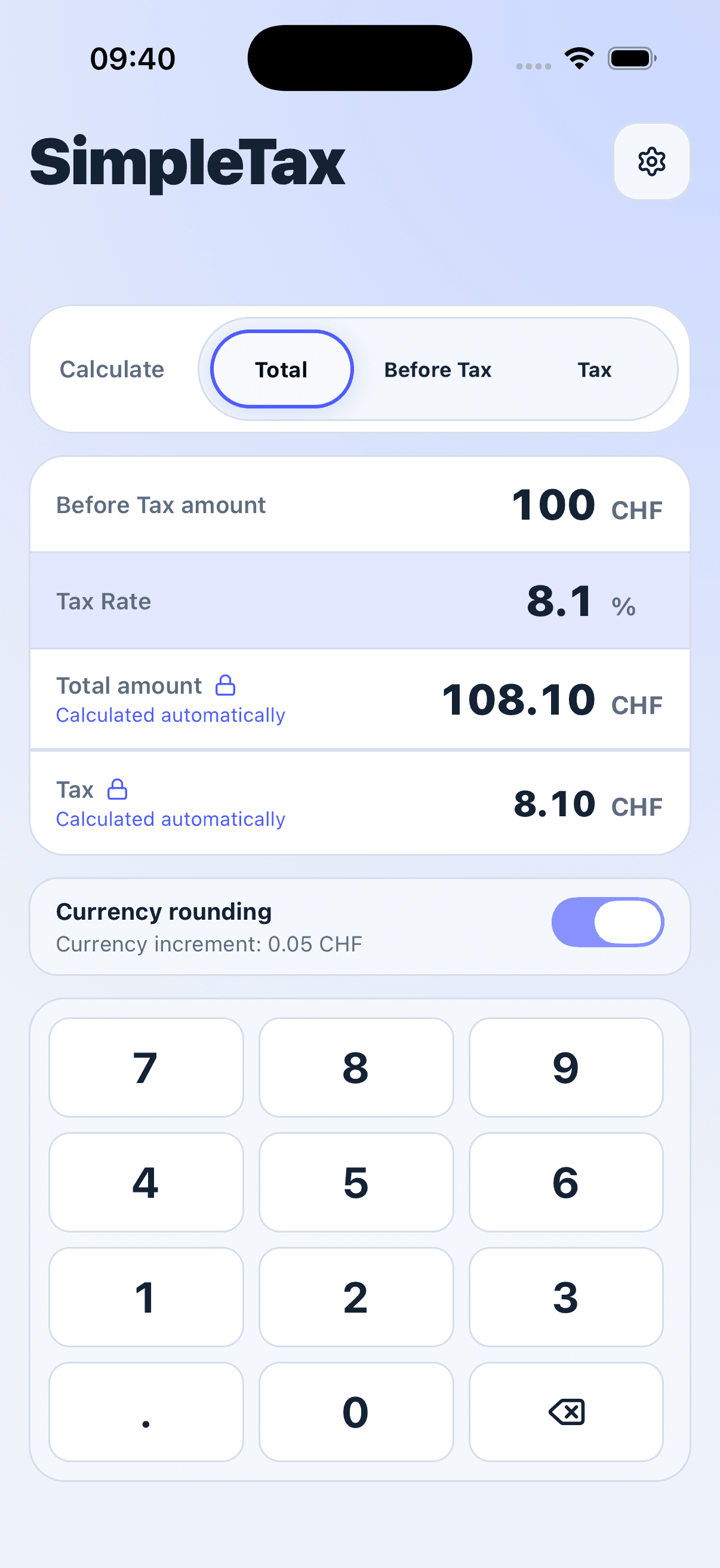 SimpleTax showing CHF currency rounding to 0.05