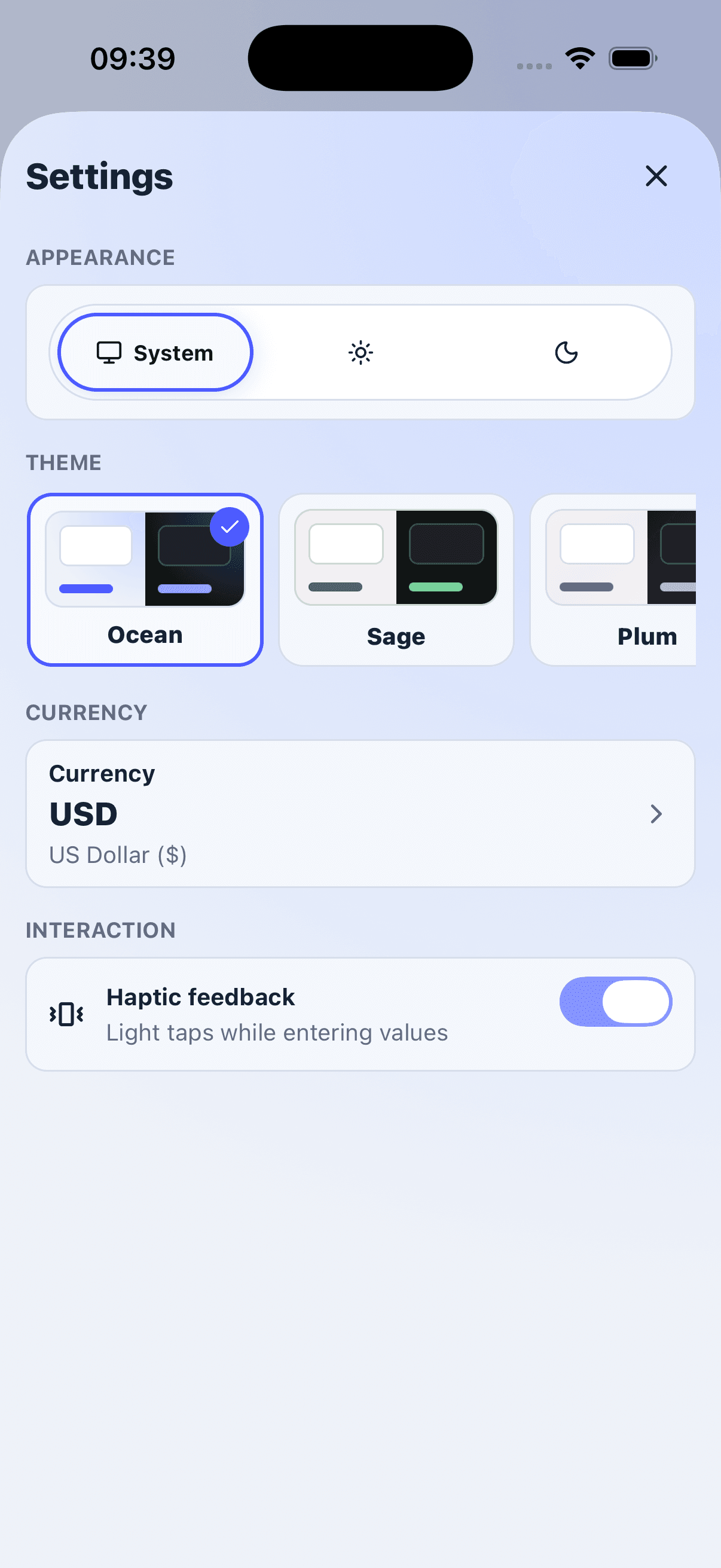 SimpleTax settings with appearance, theme, currency, and haptic controls