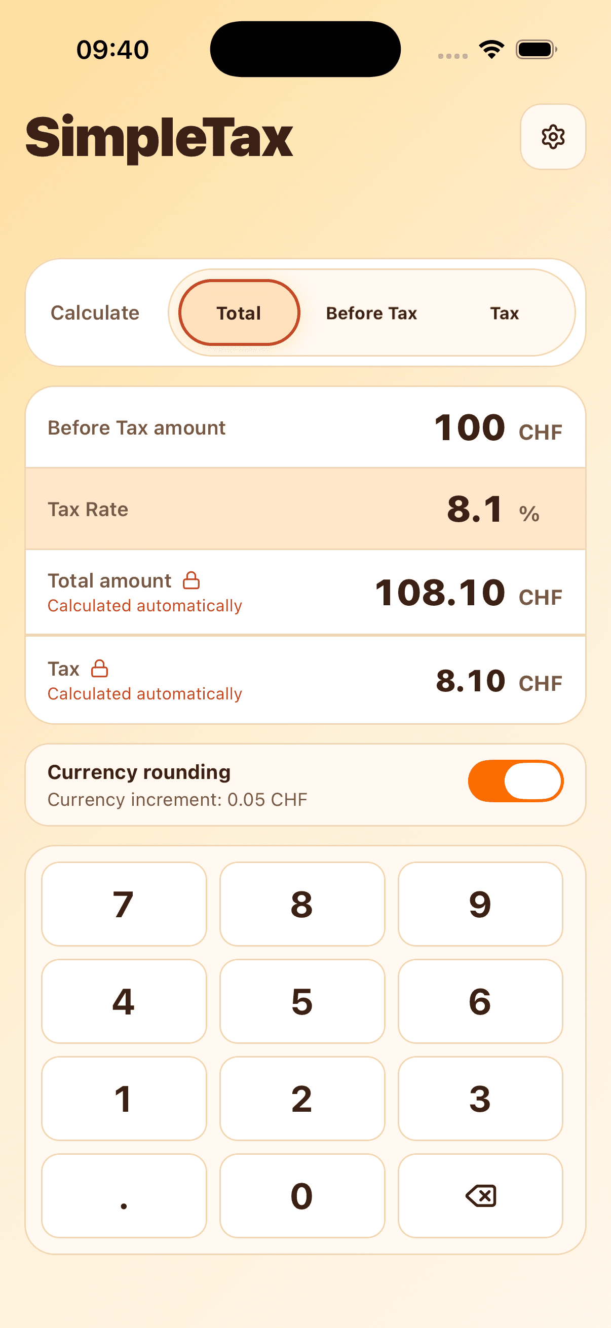 SimpleTax in the warm Plum theme with currency rounding enabled