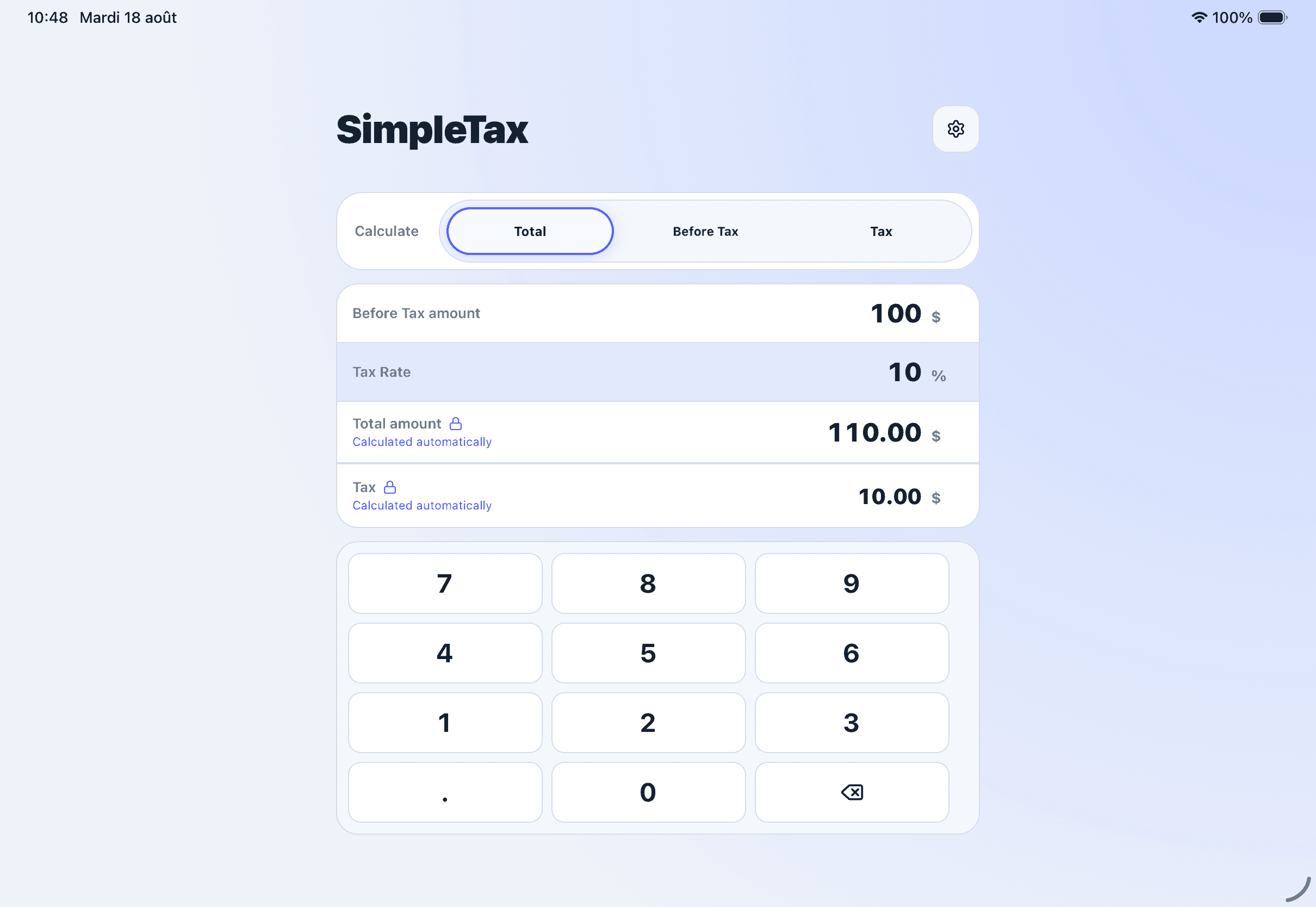 SimpleTax calculator layout on iPad in landscape orientation
